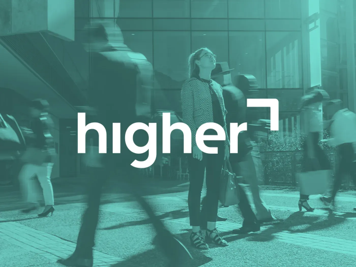 Higher Commercial identity over a city-street photograph