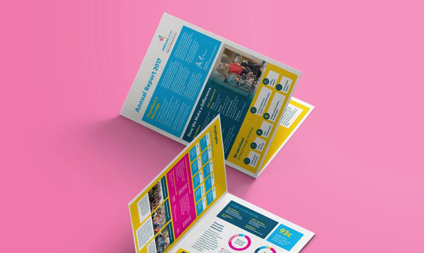 Childhood Cancer Association annual report cover and editorial spreads