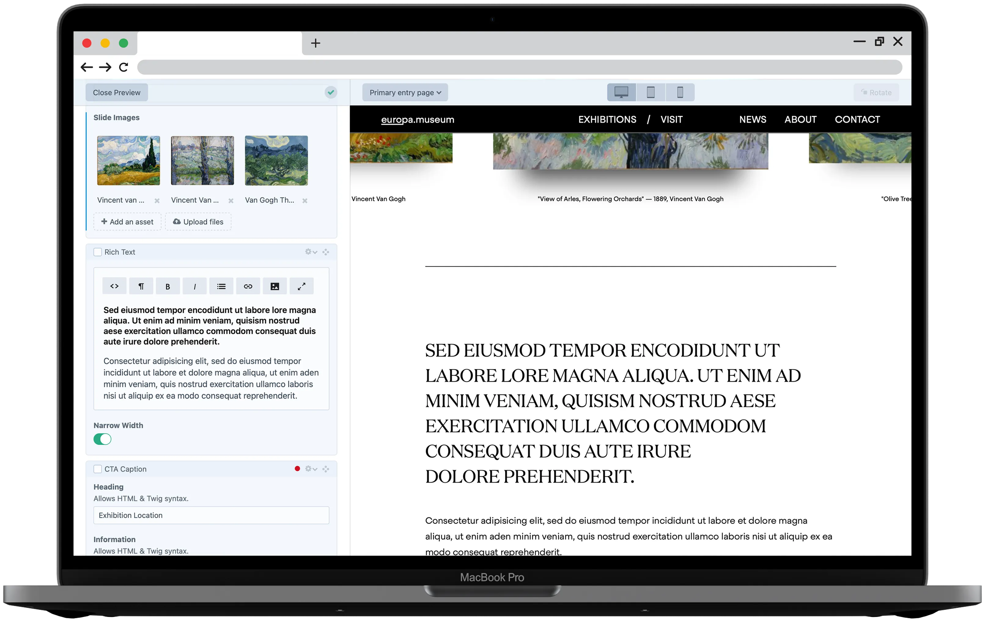 Laptop showing Craft CMS live preview beside a museum website