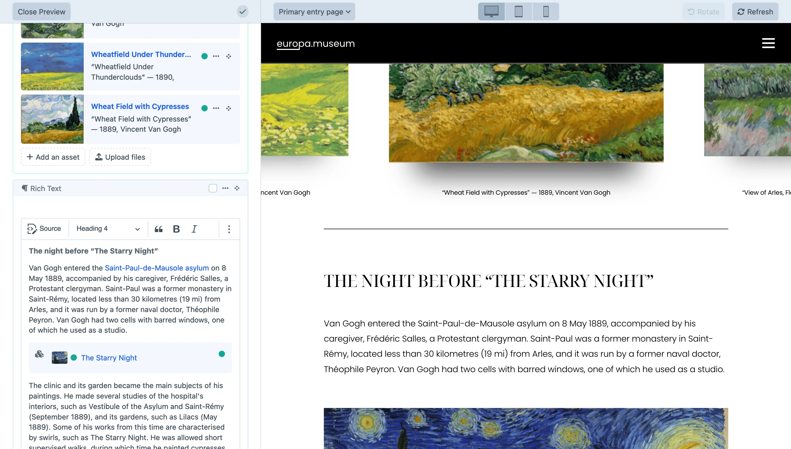 Craft CMS live preview, with the entry editor beside the page it updates