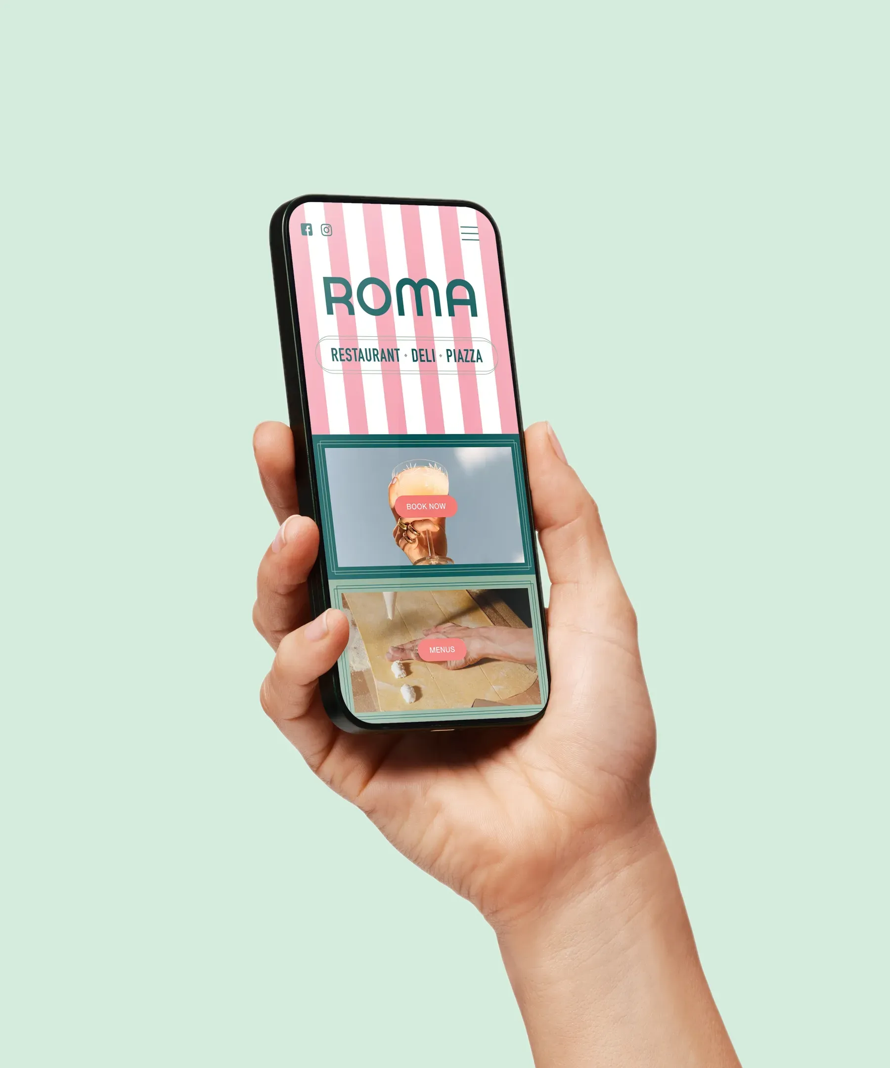 ROMA’s restaurant website displayed on a phone